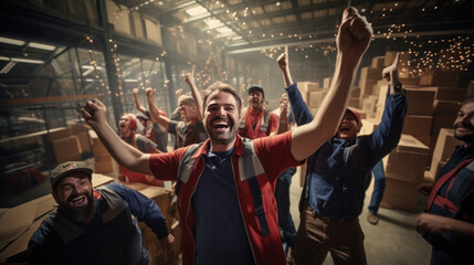 Joyful team smiles against the backdrop of a warehouse