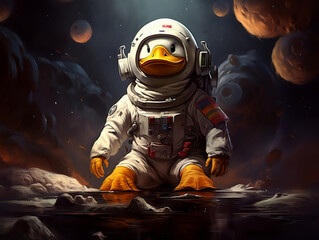 Kosmiczne brzydkie kaczątko - kaczka w kosmosie jako astronauta w skafandrze na innej planecie. © yeseyes9