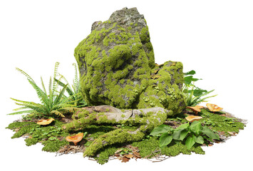 Cutout mossy rock surrounded by vegetation in the forest. Ancient boulder with moss isolated on transparent background. Mossy tree branch on the ground   © Kimo