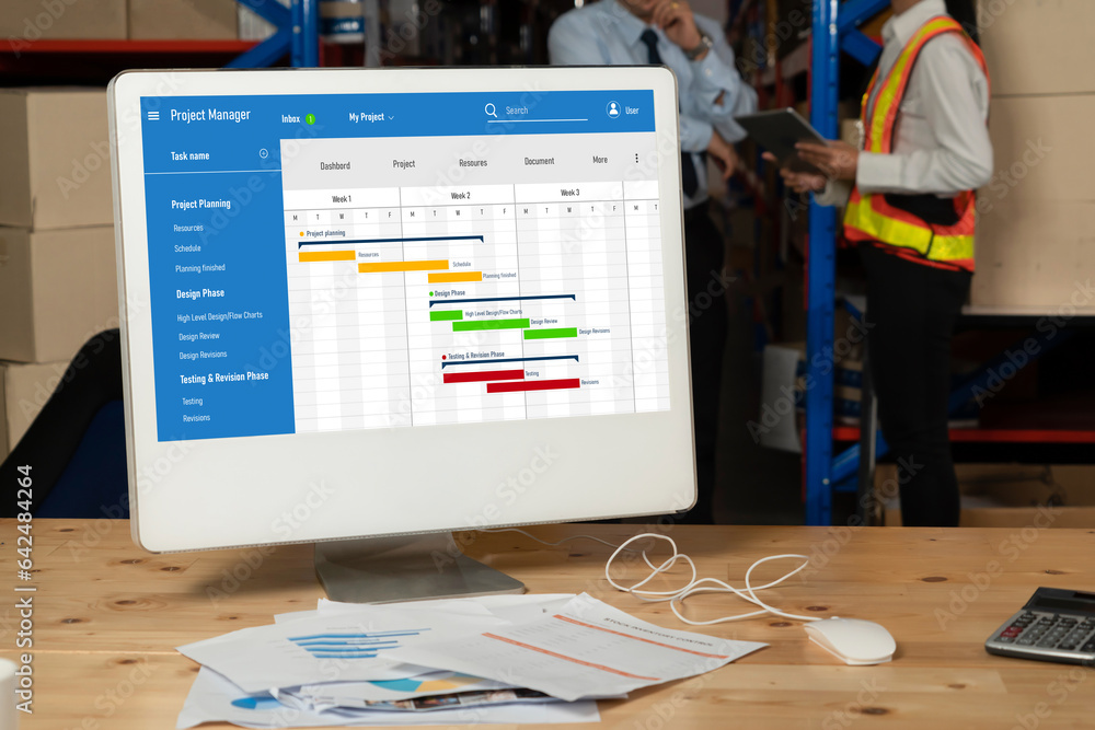 Poster project planning software for modish business project management on the computer screen showing time