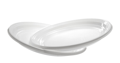 Disposable plastic plate in flying isolated on white, clipping path