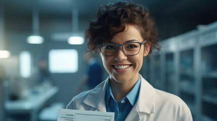 Portrait of a young female scientist against the backdrop of a modern laboratory