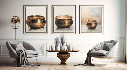 White Background with Frame and Two Round Vases: Minimalist Decor