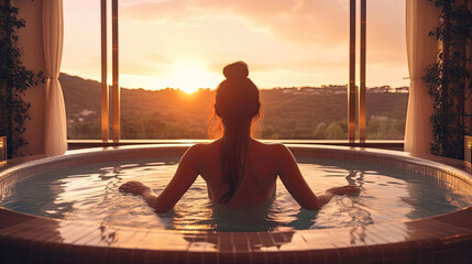 Luxury travel vacation woman relaxing in hotel jacuzzi pool watching sunset. Generative Ai - obrazy, fototapety, plakaty