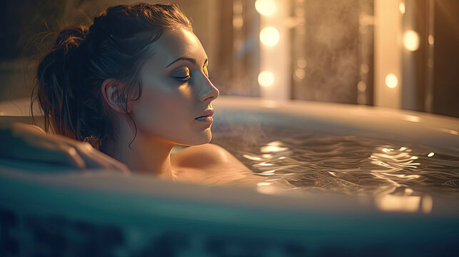 A young lady relaxing in jacuzzi. Generative Ai