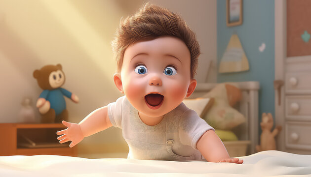 baby playing from a movie, in the style of cartoon realism,.
