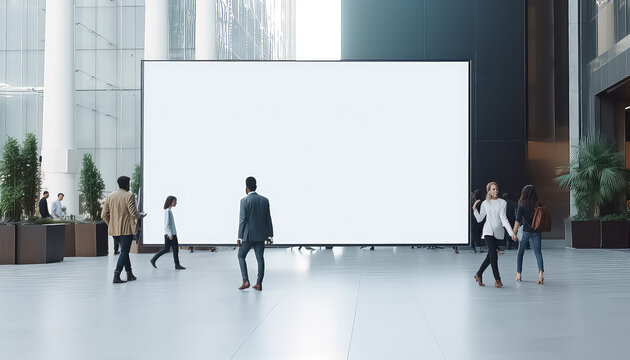 several people walking around a blank poster, in the style of interior scenes.
