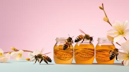 Bees buzzing near jars of golden honey and vanilla flowers, set against a soft pink background. A delightful scene that captures the essence of natural sweetness and summertime