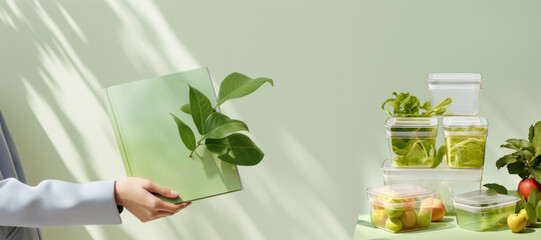 A hand holding a green book with a budding plant, surrounded by fruits and vegetables in containers on a green background. Concept of mindful consumption, veganism, and a healthy lifestyle
