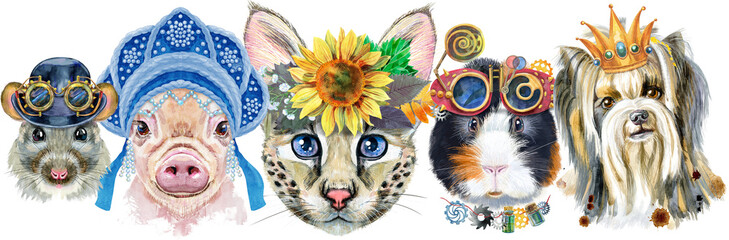 Fototapeta premium Border from watercolor portraits of dog, guinea pig, cat, mini pig, and rat