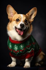 Cute Corgi dressed in a Christmas sweater stands out against a dark green backdrop, capturing the spirit of the holiday season