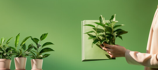 A young woman holds a green book and a potted plant in her hands against a green background, symbolizing the concept of plant growth and knowledge