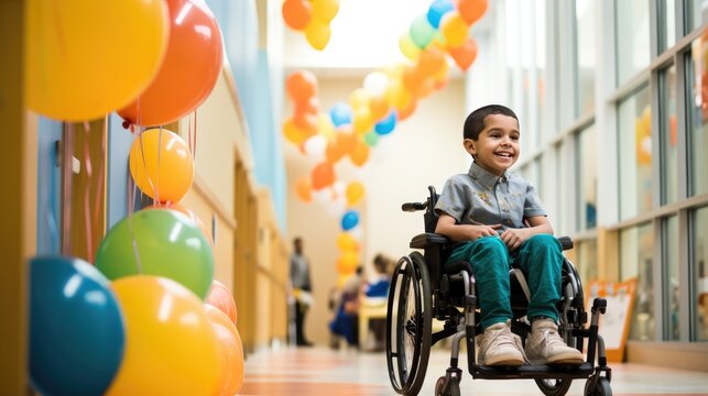 Inclusiveness and accessibility of healthcare facilities for children with disabilities. Disabled boy in a wheelchair in the hospital