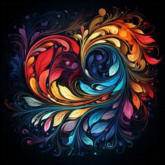 Illustration of a vibrant and intricate heart-shaped swirl design on a black background created with Generative AI technology