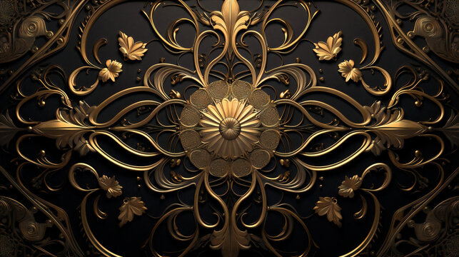 Golden Floral Abstract Background. Luxurious  Golden Flowers, Black and Elegant 3D wallpaper illustration for Interior Mural Painting wall art Decor. Generative AI
