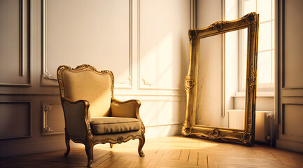 Gold Frame Resting on Chair by White Wallpaper: Interior Detail