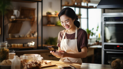 Young woman prepares a dessert in the kitchen of her home. She looks at her phone to check the recipe.