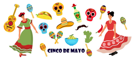 Feast of Cinco de mayo. Vector stock illustration. isolated. White background. Quesadillas, guacamole, maracas, mustache, sombrero, chili peppers. Mexico. Religion and culture. Characters in national 