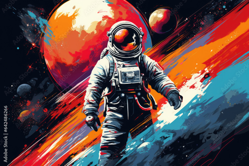 Poster astronaut in space suit against abstract cosmic background. deep space exploration