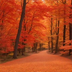 A picturesque autumn scene, with a winding path leading through a forest of red and orange leaves.