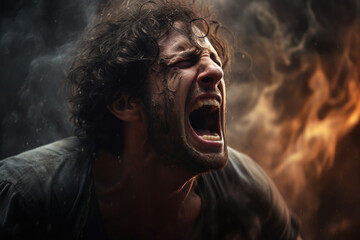 Emotional portrait of screaming man. Frustrated man crying on dark background. Negative emotions