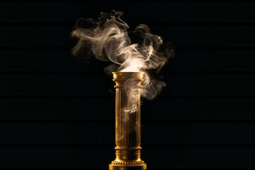 A golden brass pillar on a black background with smoke stream