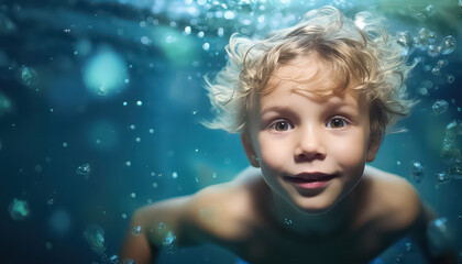 Fototapeta na wymiar little boy is underwater in a pool