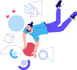 Creative image of business process with man flying among abstract shapes. Creativity and efficiency in business project, workflow.