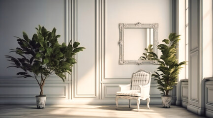 Empty Room with Plants, White Frame, and Chair: Minimalist Interior