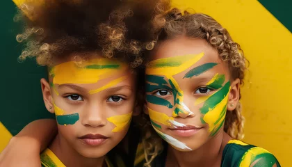 Cercles muraux Brésil brazil kids with colorful paint and face painted, in the style of dark green and light gold.