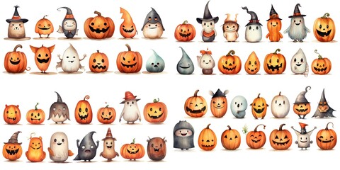 watercolor illustration Halloween creepy monster things in cute cartoon style isolated on white background, Generative Ai
