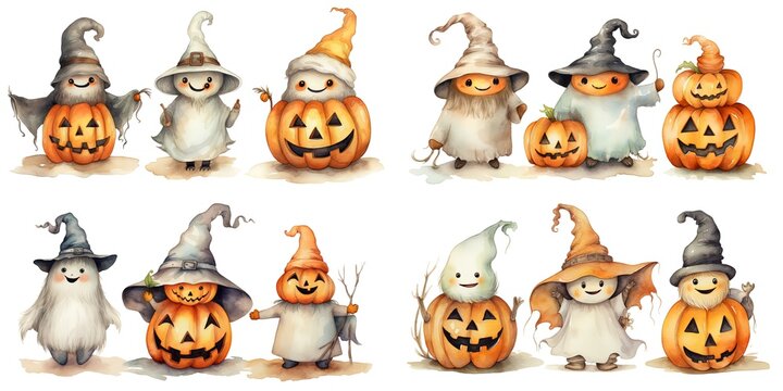 watercolor illustration Halloween creepy monster things in cute cartoon style isolated on white background, Generative Ai