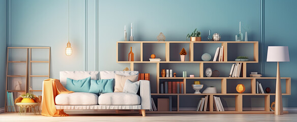 salon de vivienda decorado con sofá blanco con cojines de colores y gran estantería de madera sobre pared de color azul