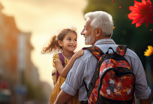 abuelo llevando a su nieta en brazos al colegio y portando una mochila de colores, con fondo de calle de ciudad desenfocado