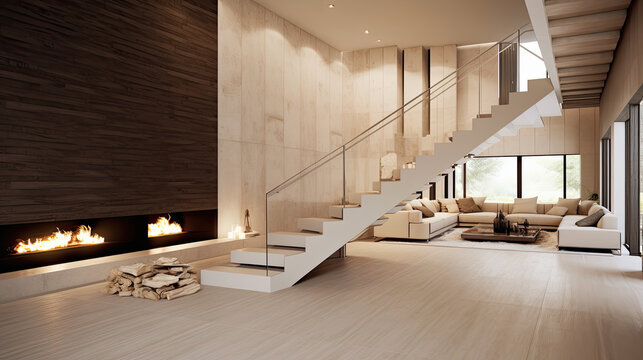 salon de duplex blanco y marr&oacute;n decorado con sofa, alfombra, mesa y gran chimenea de gas, con grandes ventanales y escalera