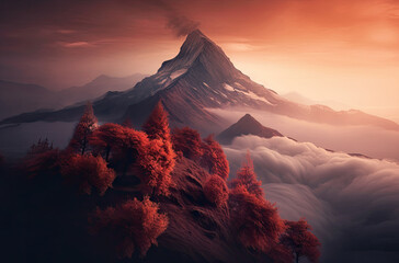 paisaje de árbol sobre monte con montaña alta nevada al fondo y  cielo anaranjado  y rojizo de puesta de sol