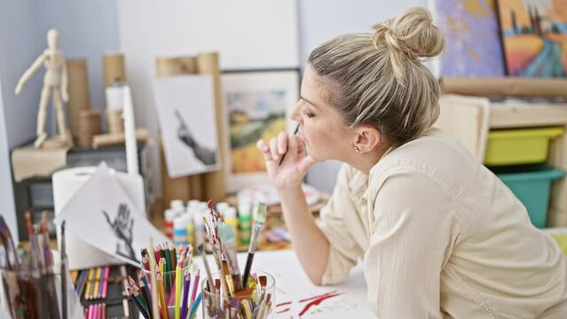 Young blonde woman artist drawing on notebook thinking at art studio