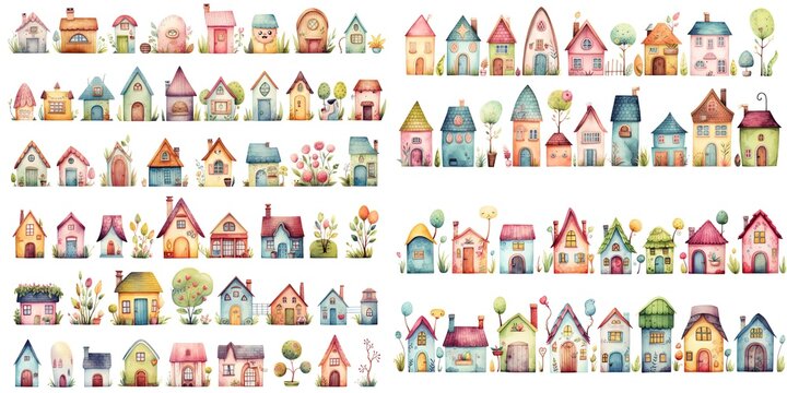 Watercolor Style Illustration Of Fairytale Village Full Of Mushroom Houses, Flowers And Trees In Strip Long Clipart Isolated On White Background, Collection Set, Generative Ai