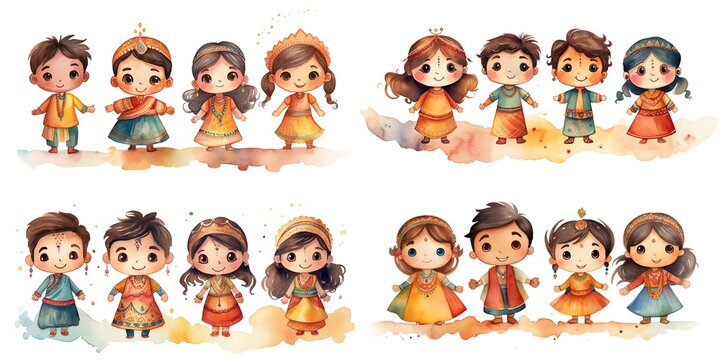 painting style illustration of Indian kids boys and girls in traditional outfit, Generative Ai