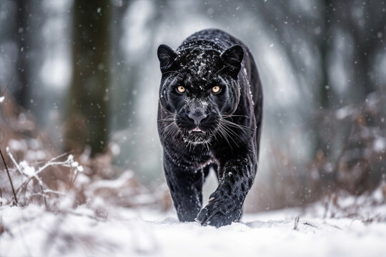 pantera negra caminado sobre bosque nevado con fondo desenfocado