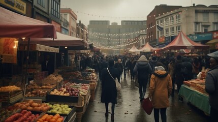 Obraz na płótnie Canvas Fictitious busy market on a rainy day in the UK AI Generative