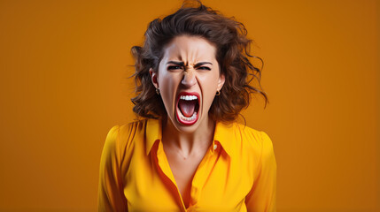 Angry woman screams against orange background - obrazy, fototapety, plakaty