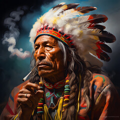 Sacred Tradition: Colorful American Indian with Peace Pipe