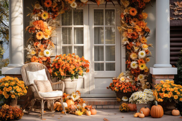 Fototapeta na wymiar Autumn front porch with chair, garlands, sunflowers, pumpkins, floral, home exterior decor