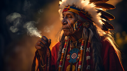 Sacred Tradition: Colorful American Indian with Peace Pipe