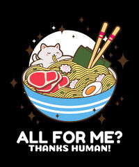 CUTE CAT EATING BOWL OF SPAGHETTI CUTE CARTOON ILLUSTRATION DESIGN