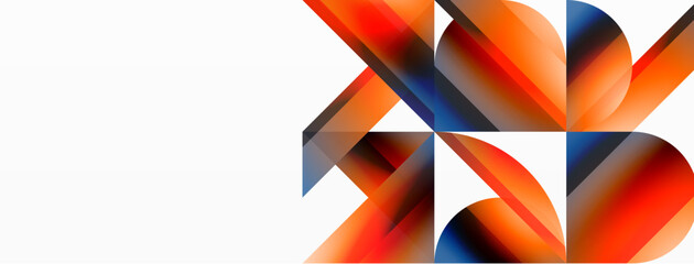 Vibrant color triangles and circles on white background intertwine to create captivating and harmoniously balanced composition for digital designs, presentations, website banners, social media posts