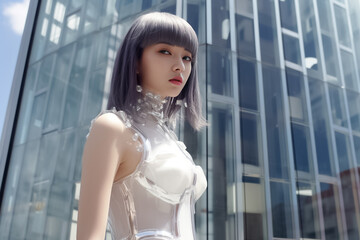 Portrait of a swimming suit woman confident in front of modern building. Slender young fashionable girl standing in front of the building.  Generative AI.
