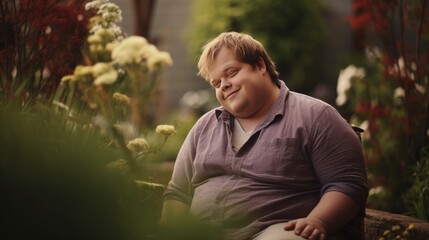 natural beauty of an adult male with Down syndrome in the serenity of a garden.