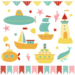 vector set of cute marine kids elements in color on white background  